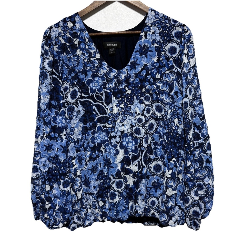 Karen Kane Blouse Womens 1X Blue Black Floral Bubble Hem V Neck Crinkle Texture